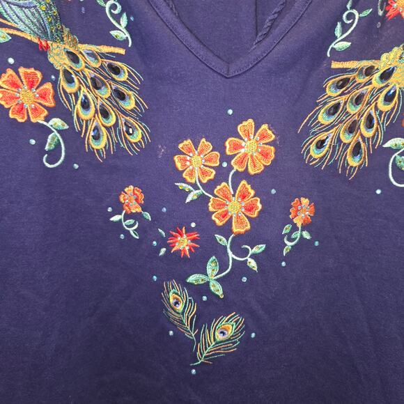 Quacker Factory Embroidered Peacock Shirt Embellished Top blue Women’s Plus 1X - Picture 5 of 6